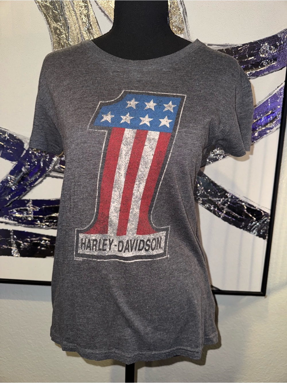 Harley-Davidson Gray Tee with Red, White & Blue Number 1 Graphic